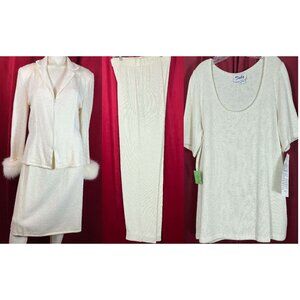 Sz 12 14 Toula Ivory Skirt Pant Suit Faux Fur Trim Santana Knit 4 PC Set